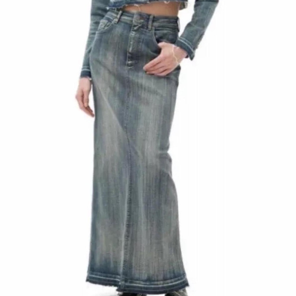 GANNI Tint Edge Faded Wash Organic Denim Maxi Skirt Raw Hem EU 32 US 0 NWT